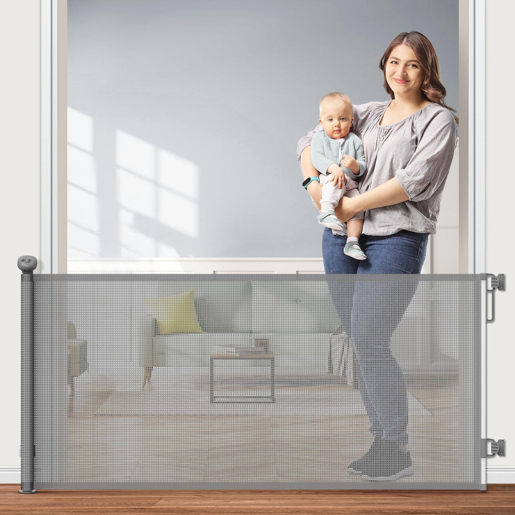 PetStars Retractable Baby Gate Mesh Dog Gate or Mesh Baby Gate 55" Wide 33" Tall Safety Child or Pet Gate for Indoor Outdoor Stairs Doorways Hallways Deck