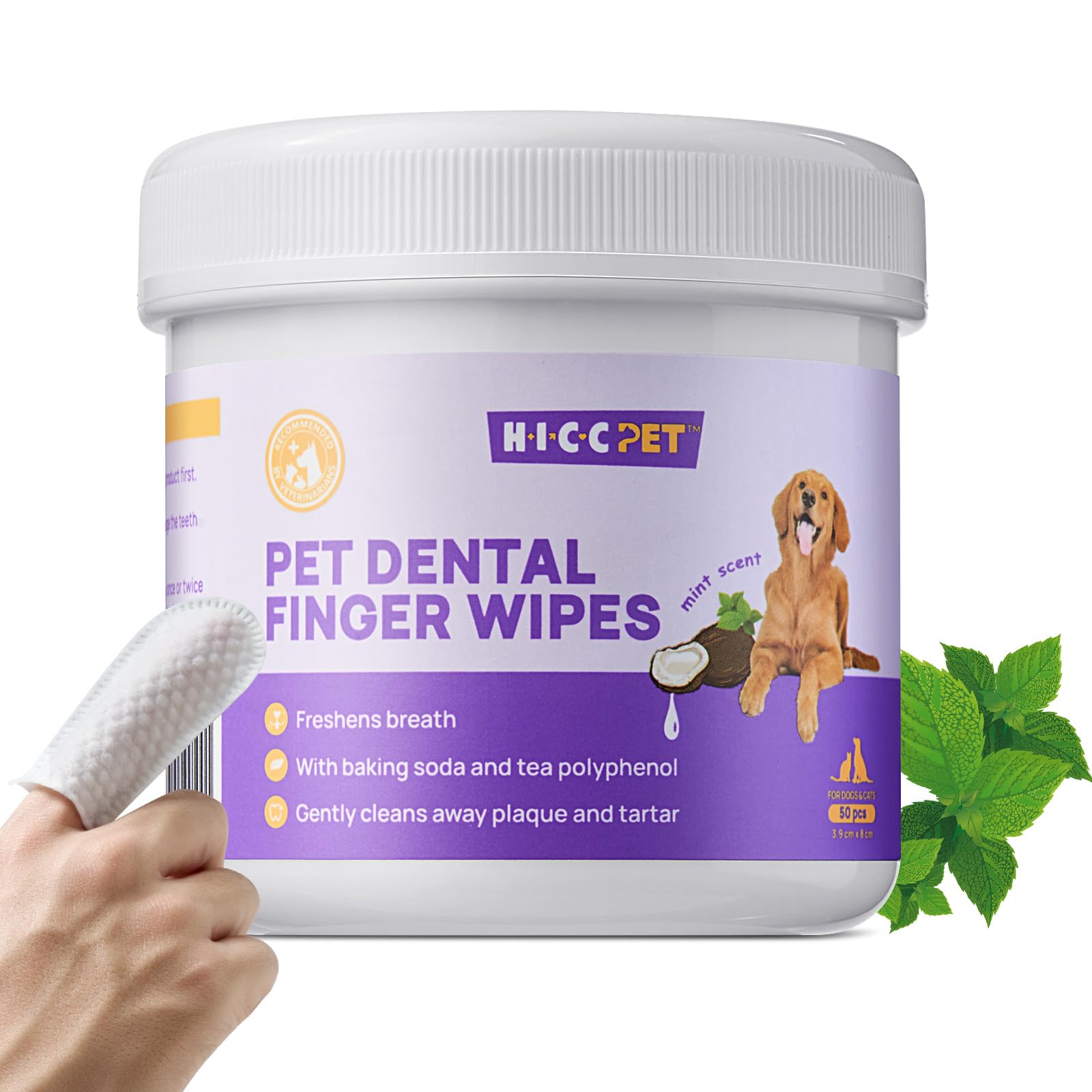 HICC Pet Dental Finger Wipes – Teeth & Gum Cleaning for Dogs & Cats, 50 Count (Mint)