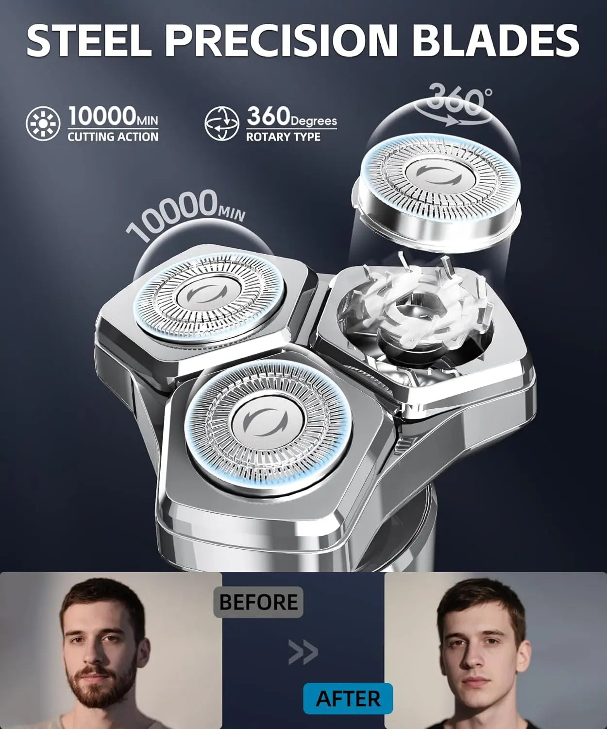 Electric shaver with 3D floating blade heads close-up