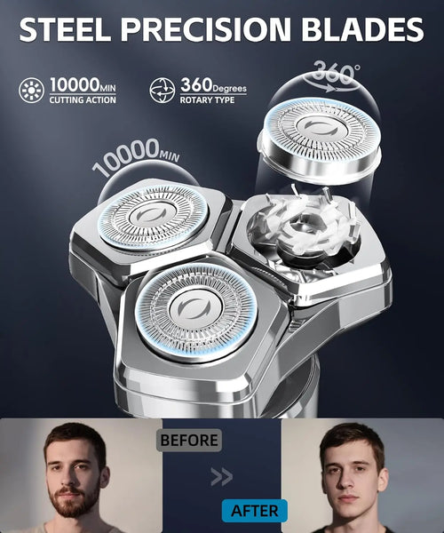 Electric shaver with 3D floating blade heads close-up