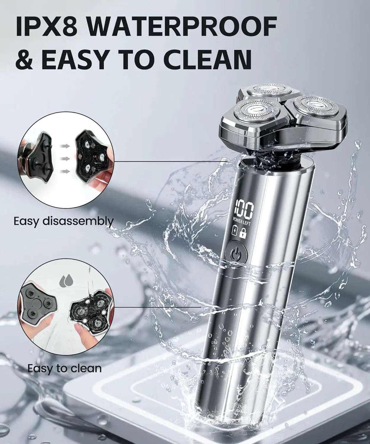 Waterproof shaver being rinsed under running water